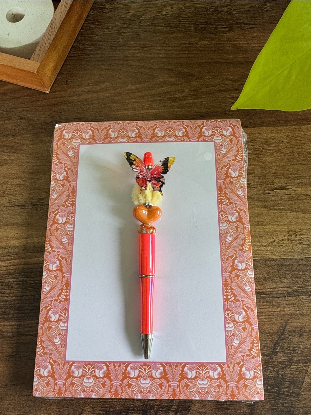 Neon Pink Butterfly Top Pen with Orange Heart
